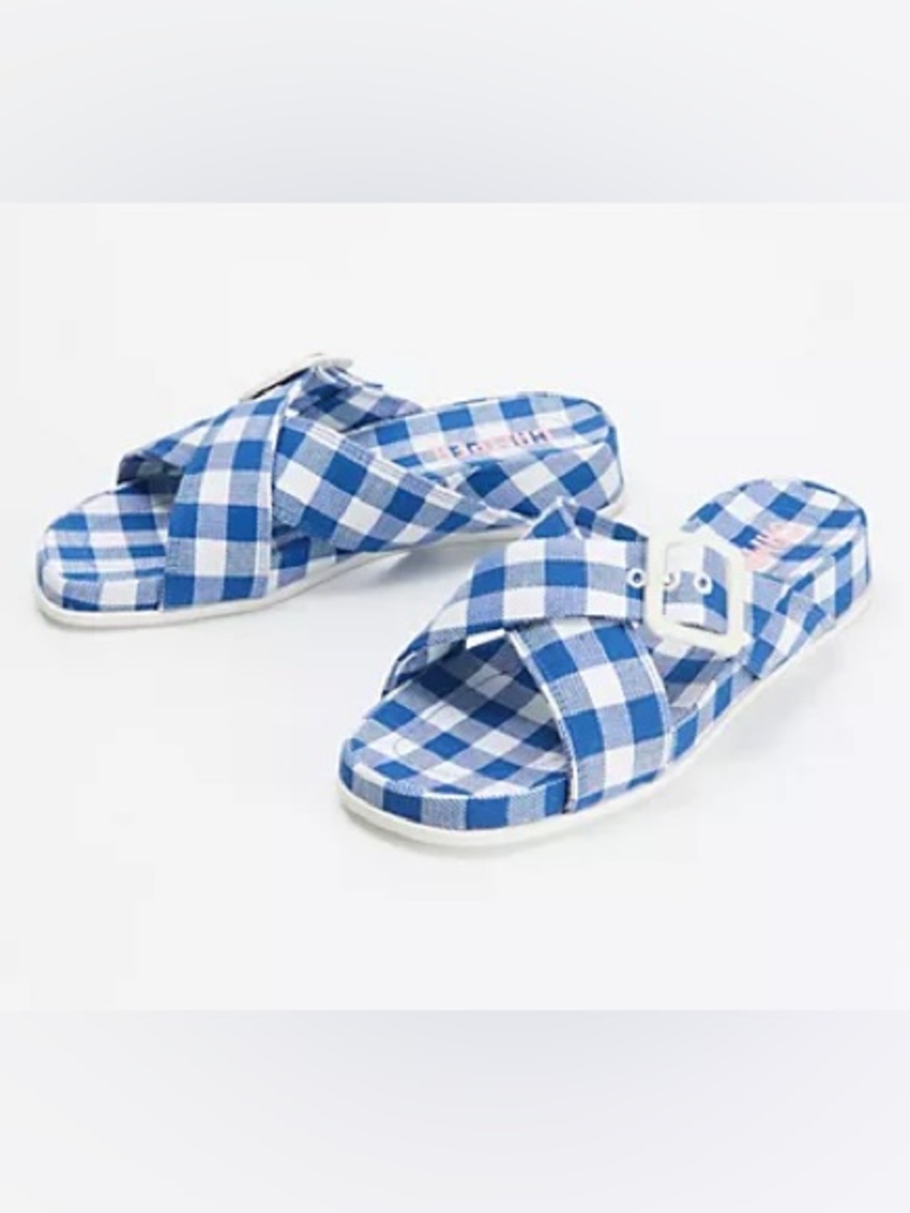 Camper Blue and White Gingham Cross-Strap Slide Sandals
